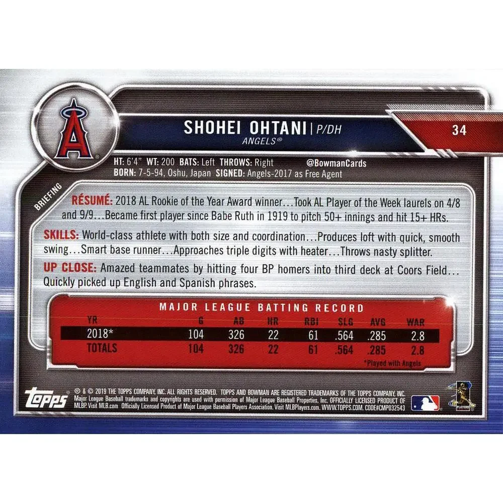 2019 Bowman Shohei Ohtani #34 Angels